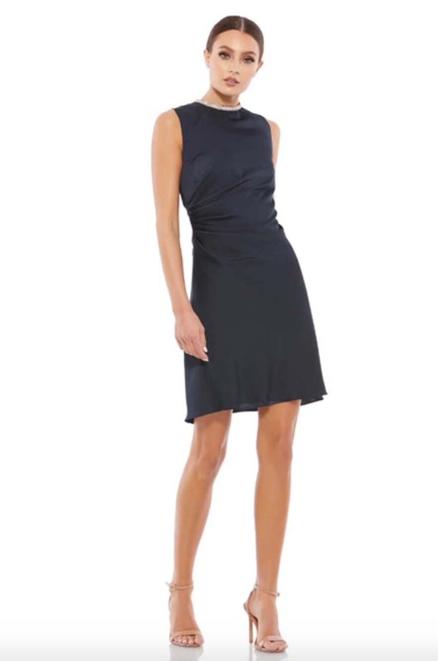 MAC DUGGAL Dress Size 2 Mini Dress Satin Navy Blue Cocktail NEW Rhinestone Neck